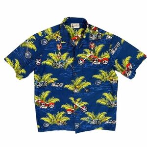 Aloha Republic Hawaii Motorcycle Hula Girl Shirt Men’s Medium Blue Cotton
